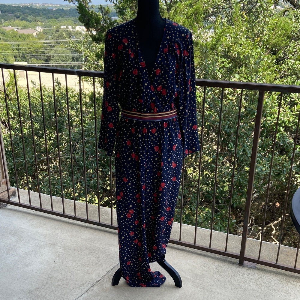 Anthropologie Navy Silk Romper with Red flowers and Gold Stars Sz Large